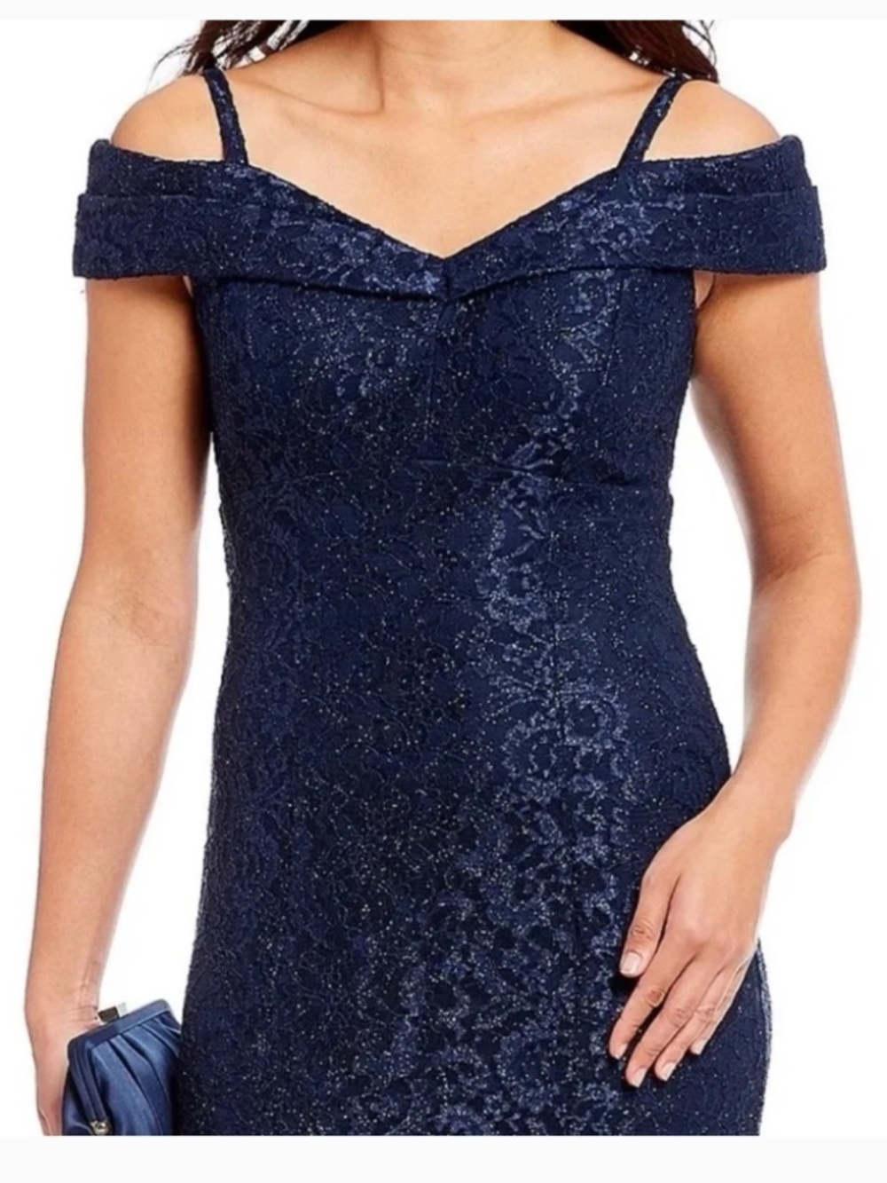 R&M Richard’s Elegant Navy Off-Shoulder Lace Gown Size 12 Navy  NWT